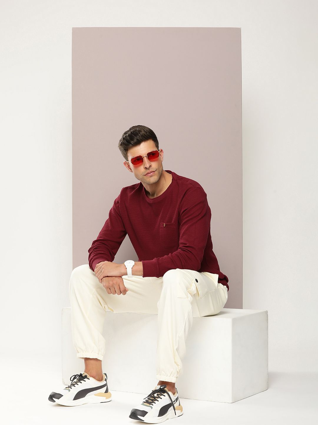 DILLINGER Men Waffle Structure Self Design Pockets T-shirt