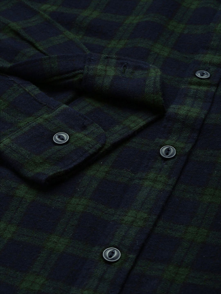 THE BEAR HOUSE Men Green & Navy Blue Slim Fit Checked Flannel Cotton Casual Shirt