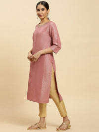 W Pink Woven Design Sequinned Straight Kurta