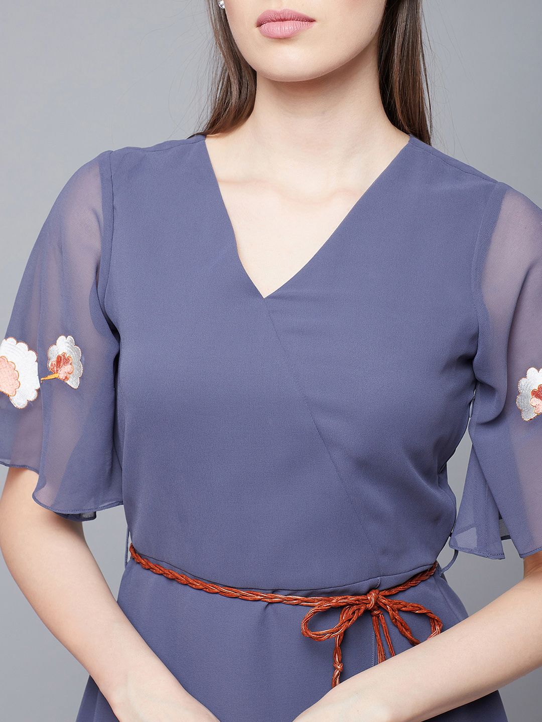 Athena Floral Embroidered V-Neck Belted A-Line Dress