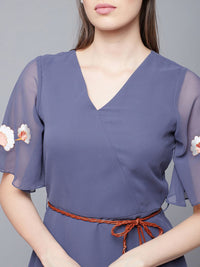 Athena Floral Embroidered V-Neck Belted A-Line Dress