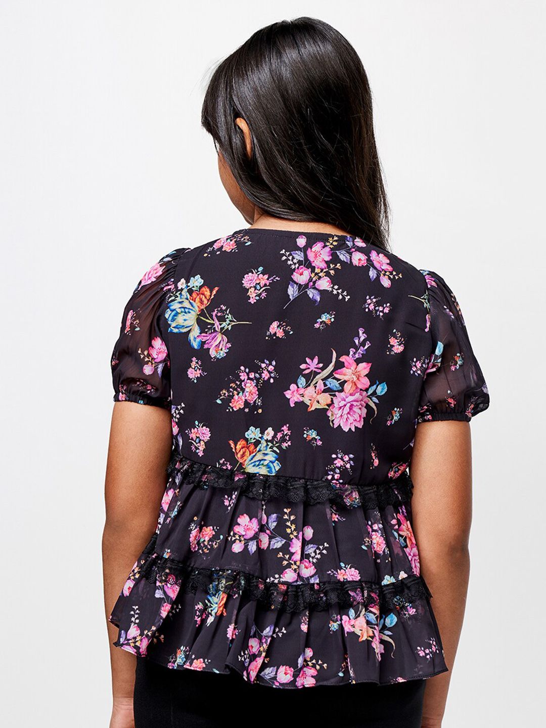 AND Girls Floral Printed Puff Sleeve Tiered Top