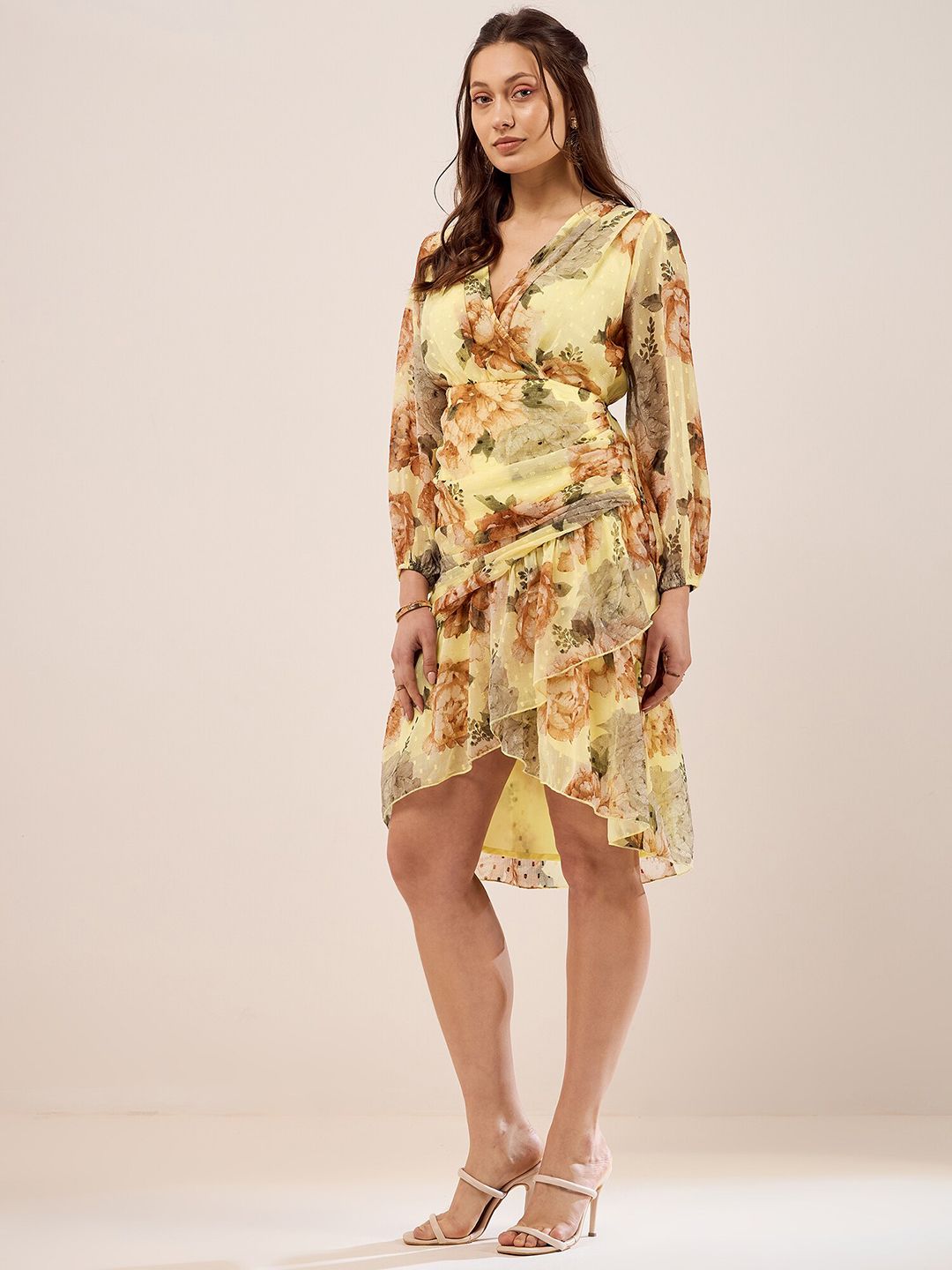 Antheaa Yellow Floral Printed Puff Sleeves Gathered Ruched Chiffon Wrap Dress