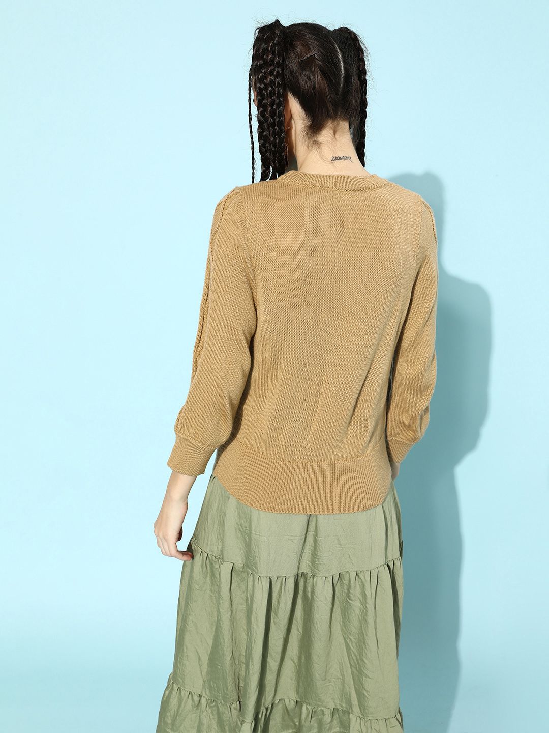 STREET 9 Women Khaki-Coloured Cable Knit Acrylic Pullover