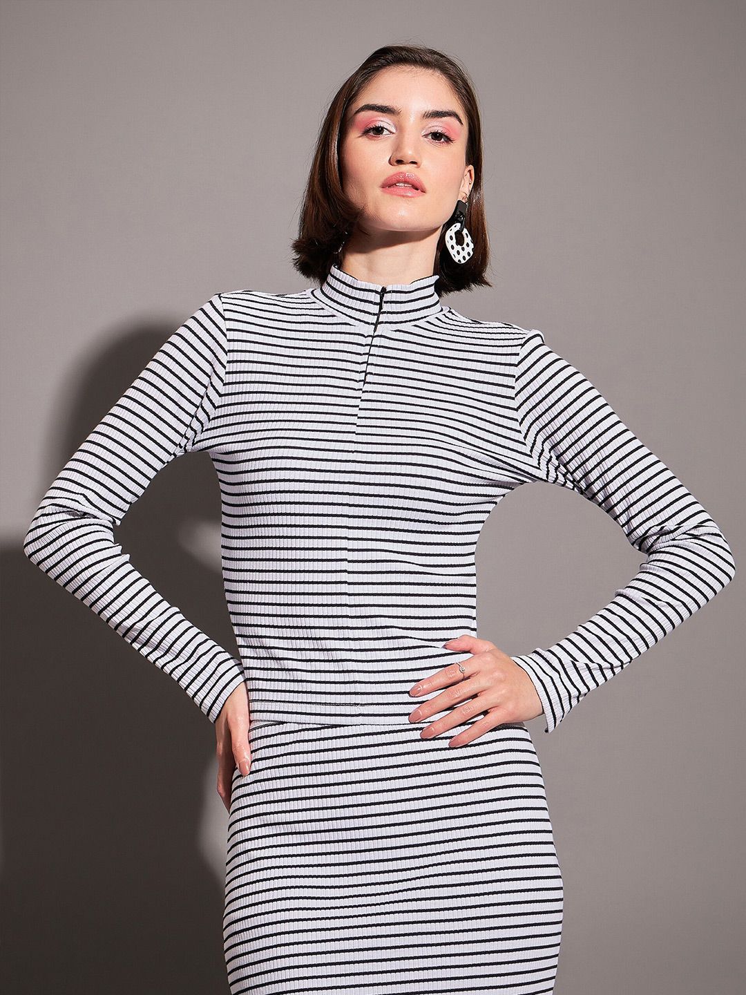 SASSAFRAS Black & White Horizontal Striped High Neck Top