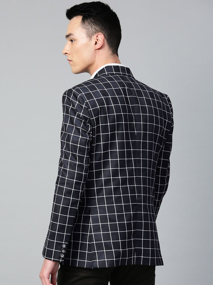 MANQ Men Navy Blue & White Checked Slim Fit Single Breasted Party Blazer