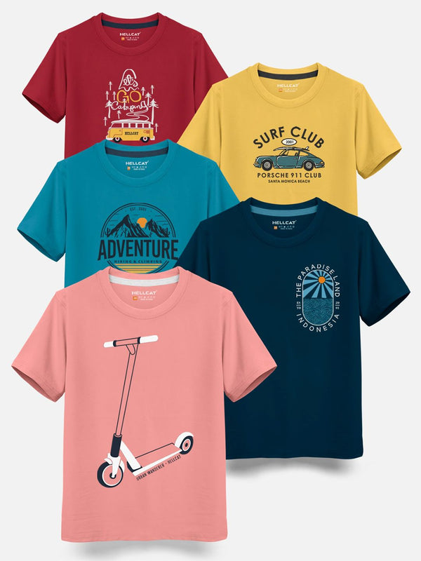 HELLCAT Boys Pack Of 5 Printed Cotton T-shirt