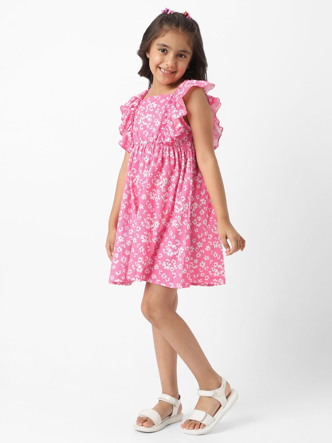 Nauti Nati  Girls' Textured Knit Ruffle Sleeves Floral Frock