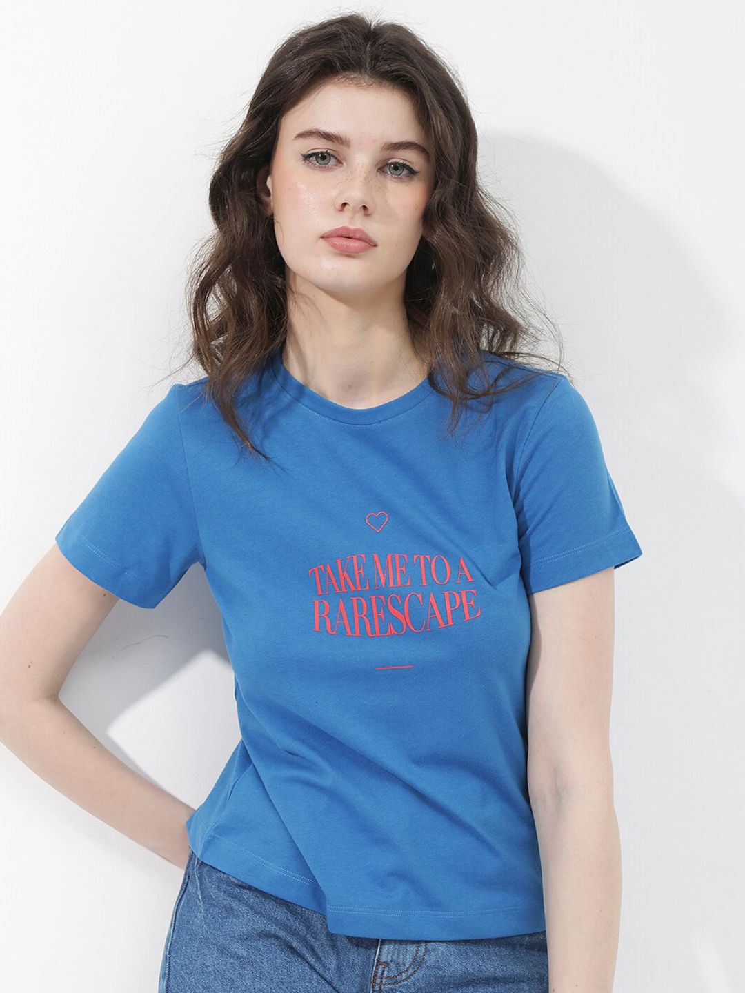 RAREISM Round Neck Short Sleeves Typographic Printed Regular Fit Cotton T-shirt