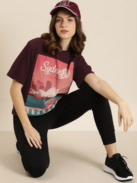 DILLINGER Women Maroon Varsity Printed Pure Cotton Oversized Pure Cotton T-shirt