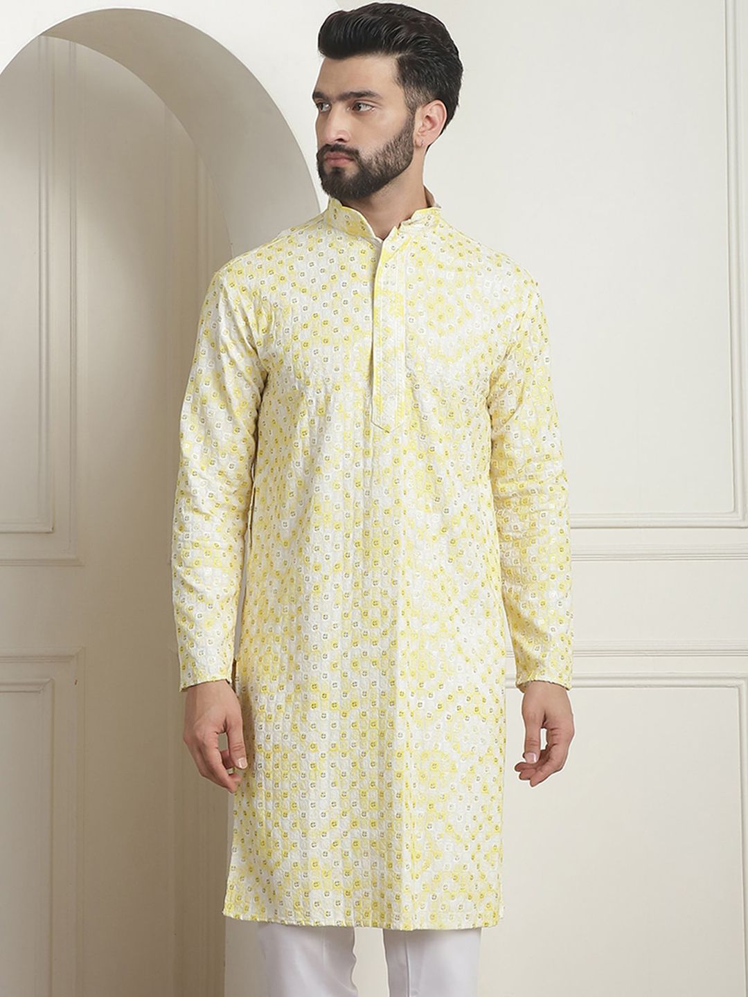 SOJANYA Geometric Embroidered Mandarin Collar Sequined Pure Cotton Straight Kurta
