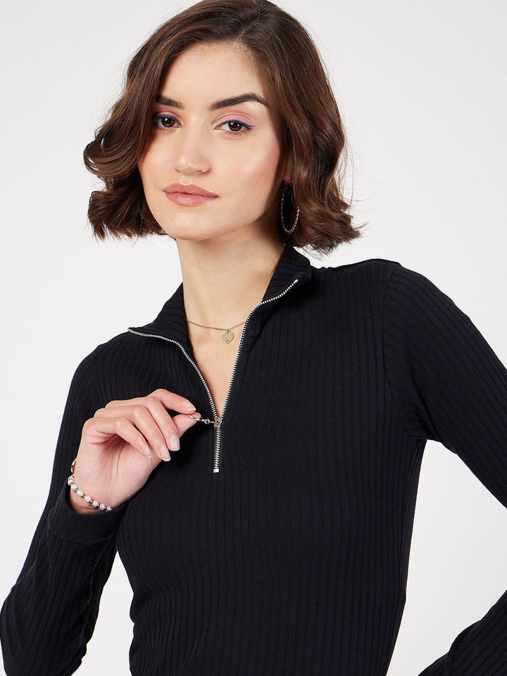 SASSAFRAS Black Ribbed Bodycon Midi Dress