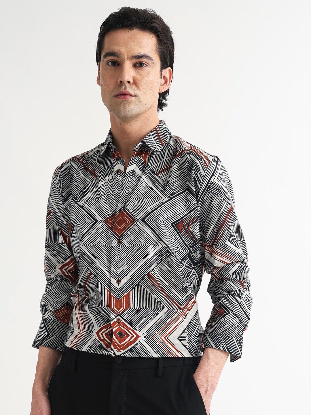 RARE RABBIT Men Sart Abstract Printed Slim Fit Cotton Shirt