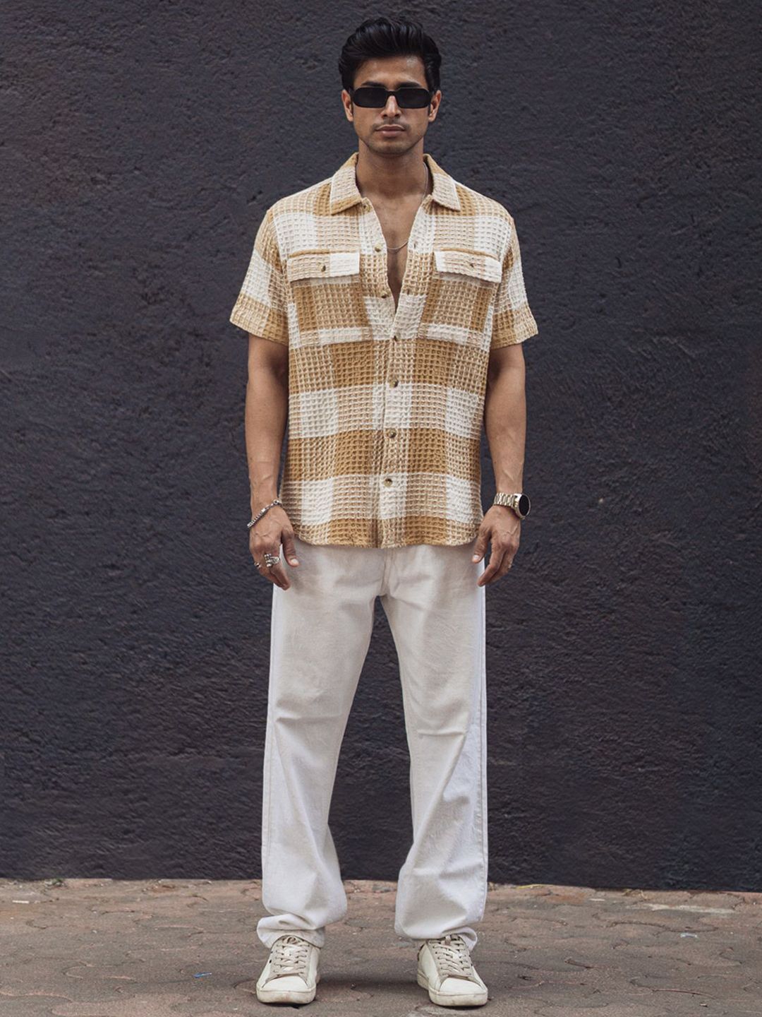 Powerlook Men Tartan Checks Opaque Checked Casual Shirt 02-1051520-S-Beige and Off White