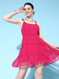 Berrylush Women Pink Dobby Tiered Georgette Mini Dress