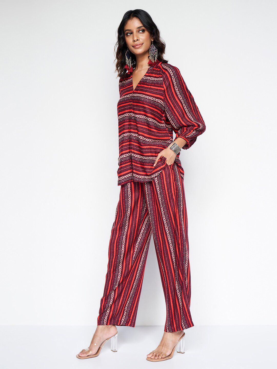 Global Desi Striped Mandarin Collar Tunic With Trouser