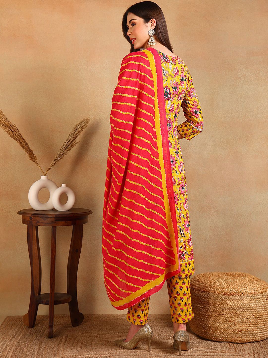 KALINI Floral Printed Round Neck Anarkali Kurta with Trousers & With Dupatta