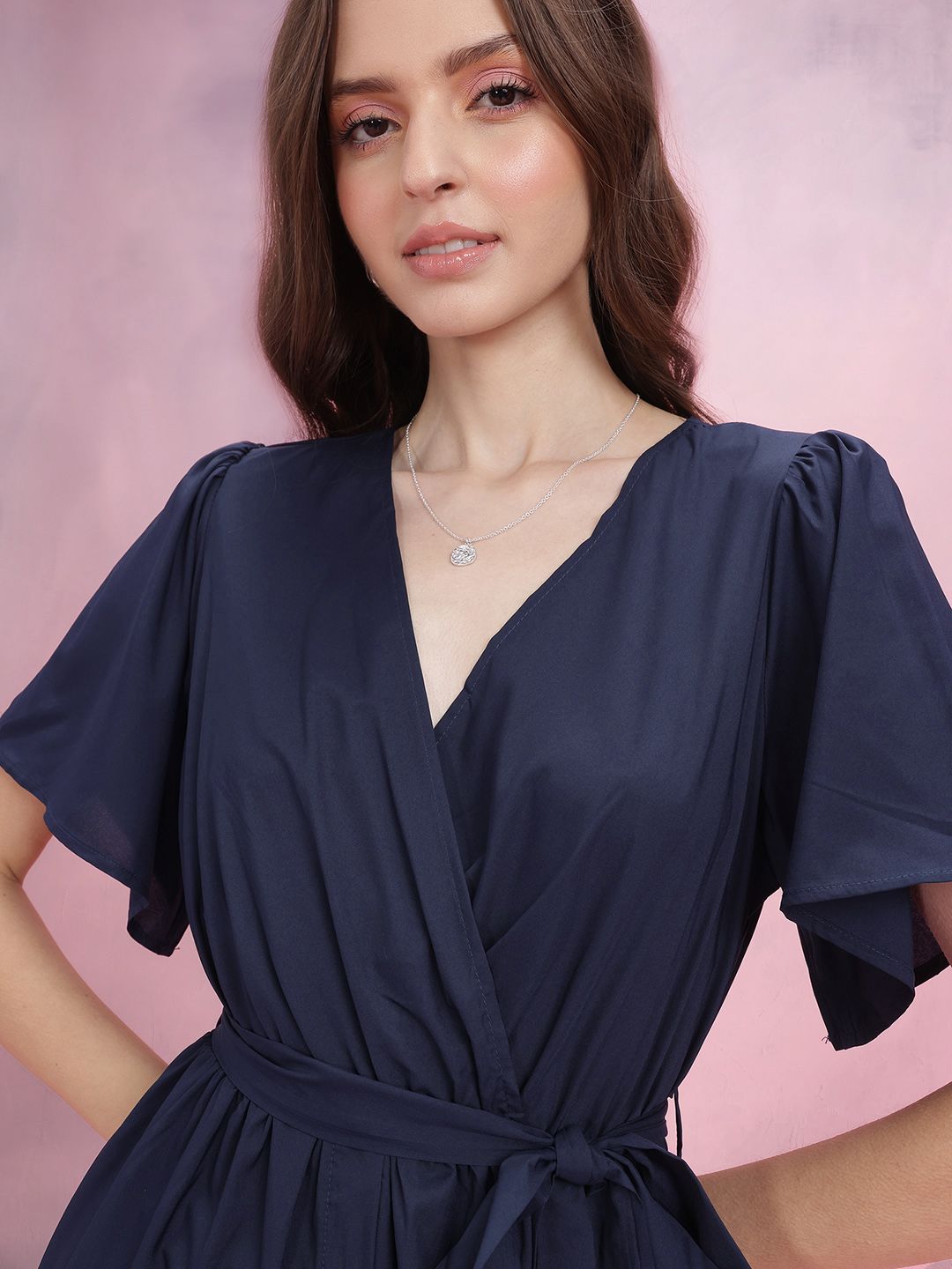 DressBerry V-Neck Tie-Up Detail A-Line Dress