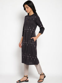 W Striped Mandarin Collar Thread Work Cotton A-Line Kurta