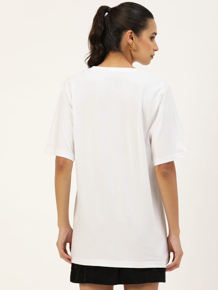 DILLINGER Women White Printed Round Neck  Longline Oversized Pure Cotton T-shirt