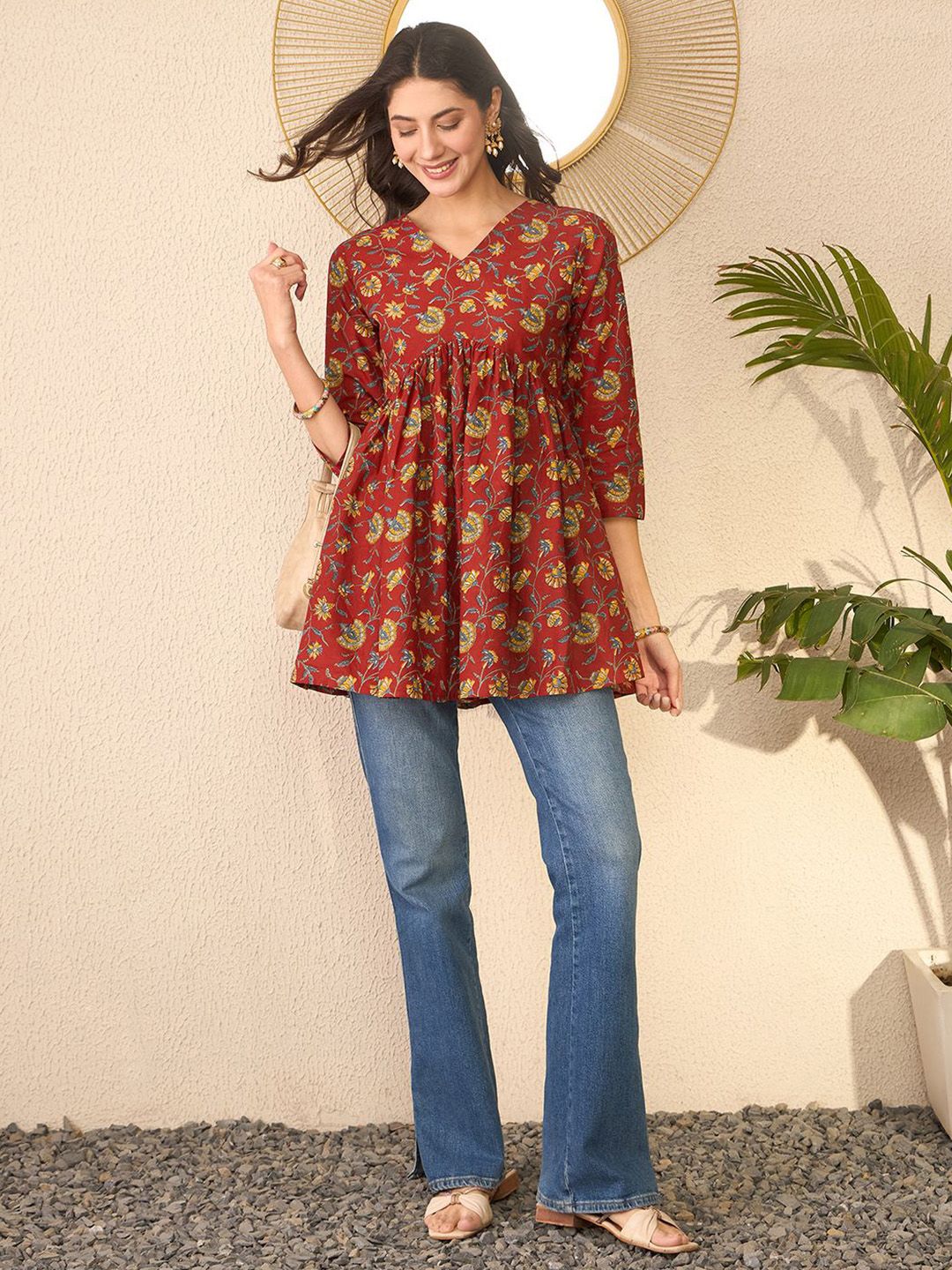 KALINI Women Floral Print Peplum V-Neck Regular Top