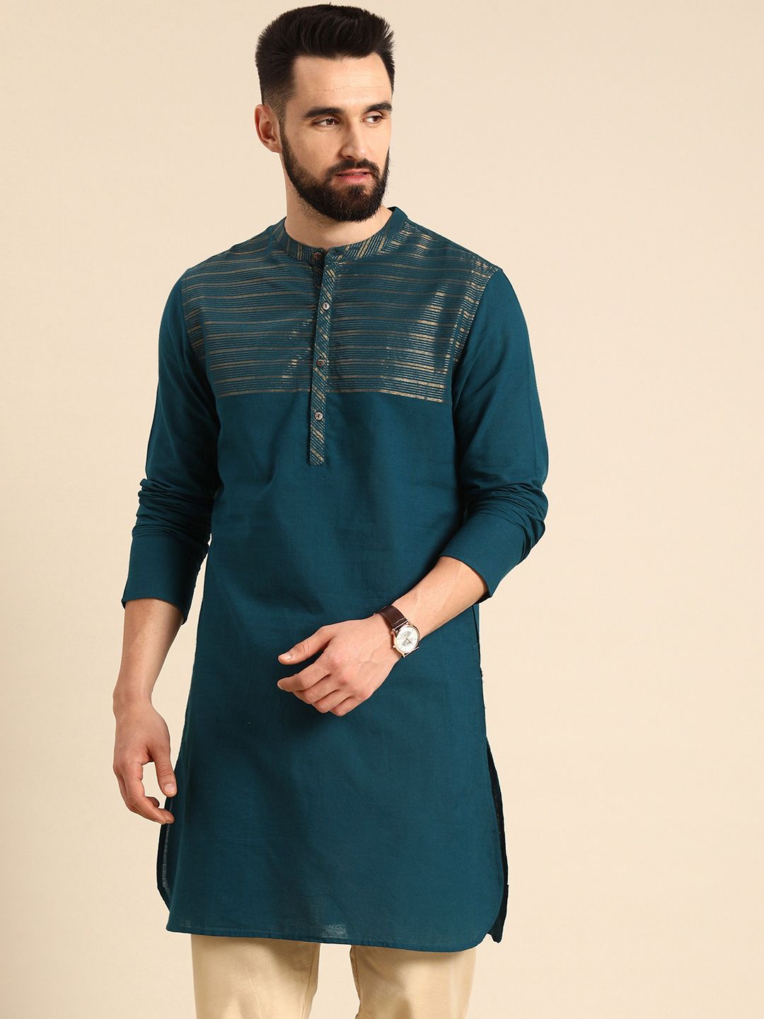 Anouk Men Teal Blue Striped Pure Cotton Kurta