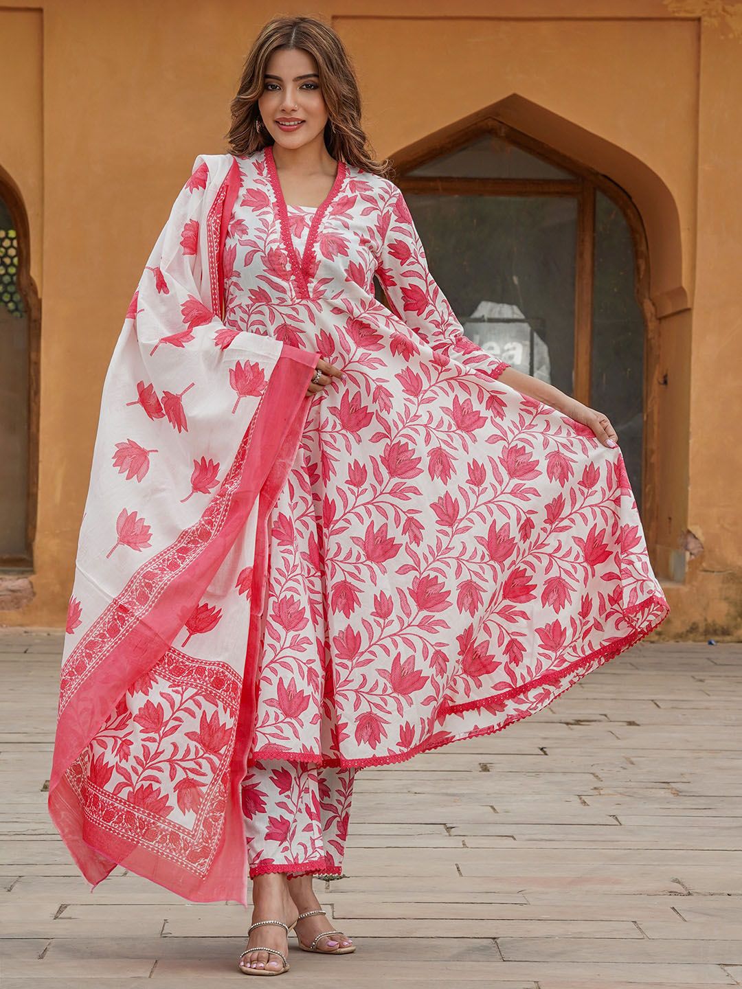 KALINI Floral Printed V-Neck Regular Kurta With Trousers & Dupatta
