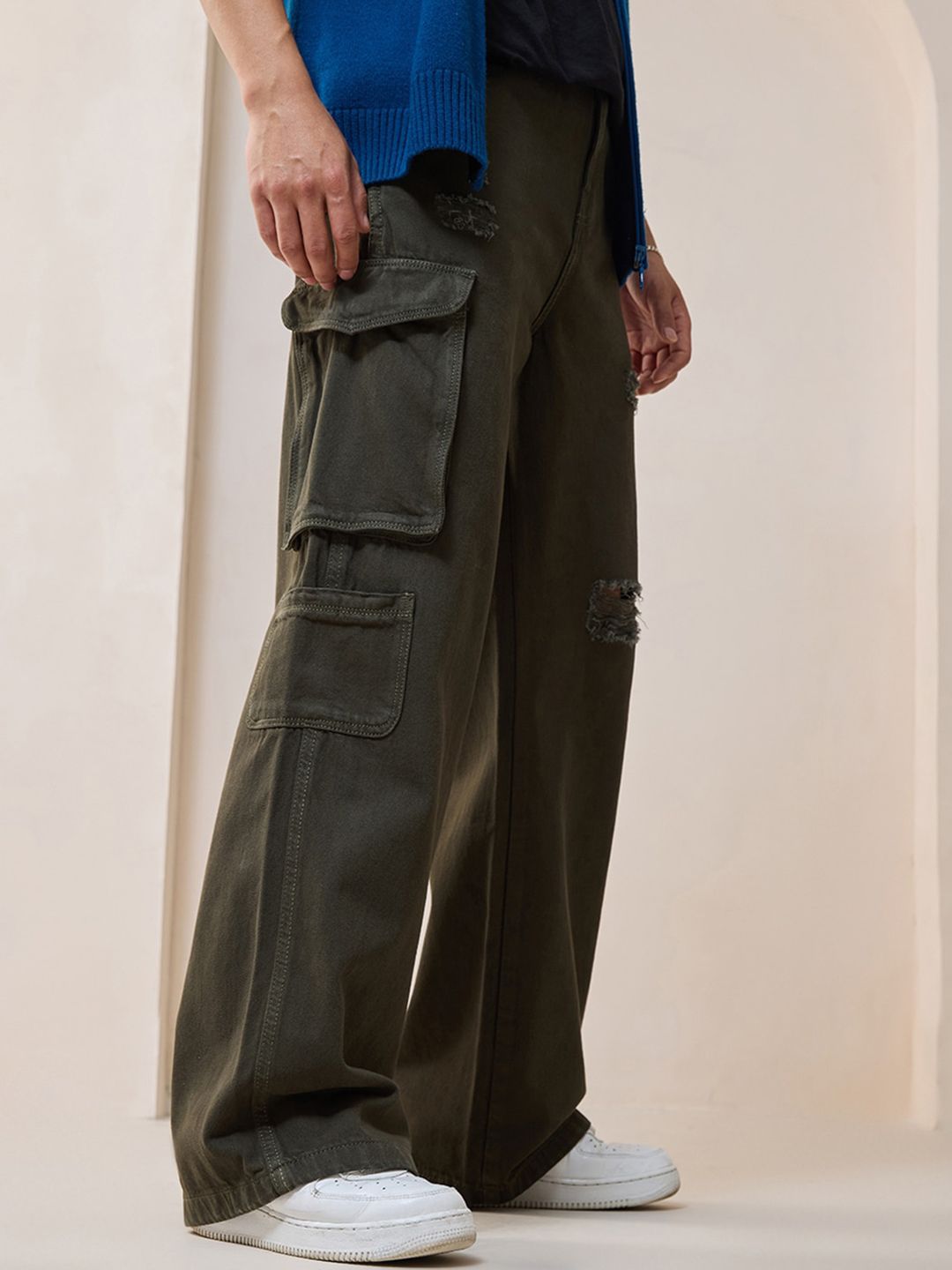 Bewakoof Men Straight Fit High-Rise Distressed Organic Cotton Baggy Jeans