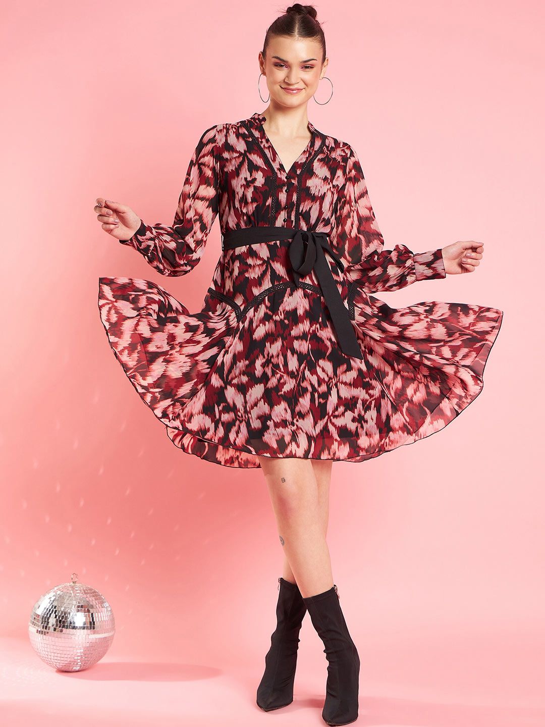 Antheaa Abstract Printed Flared Sleeve A-Line Opaque Party Dress