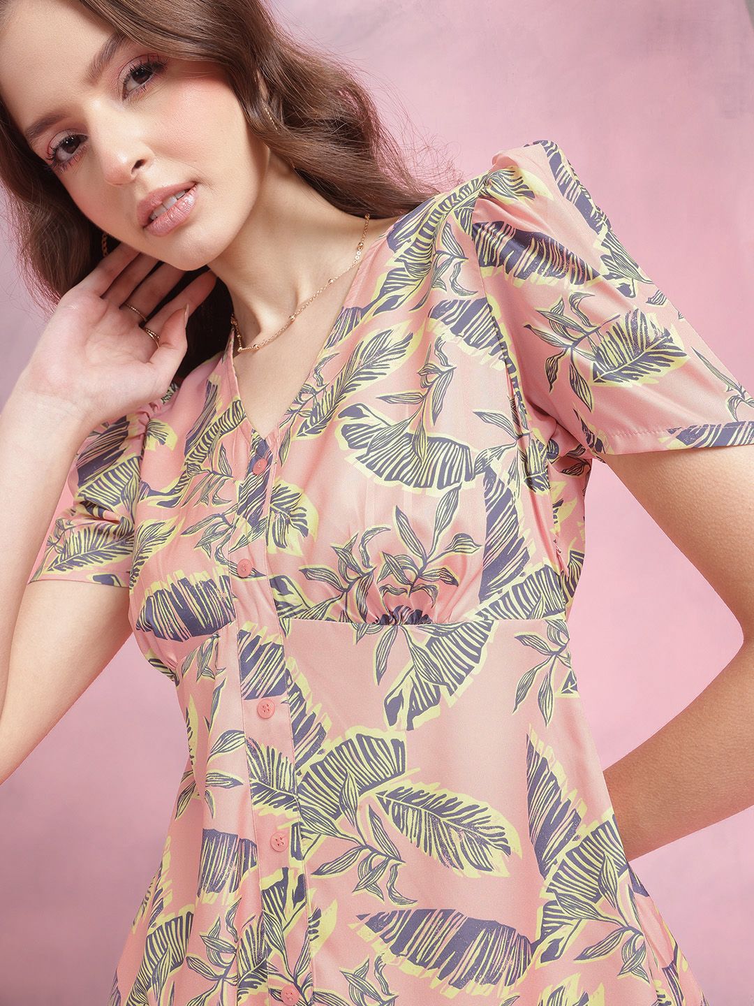 DressBerry Tropical Print Puff Sleeve Empire Midi Dress
