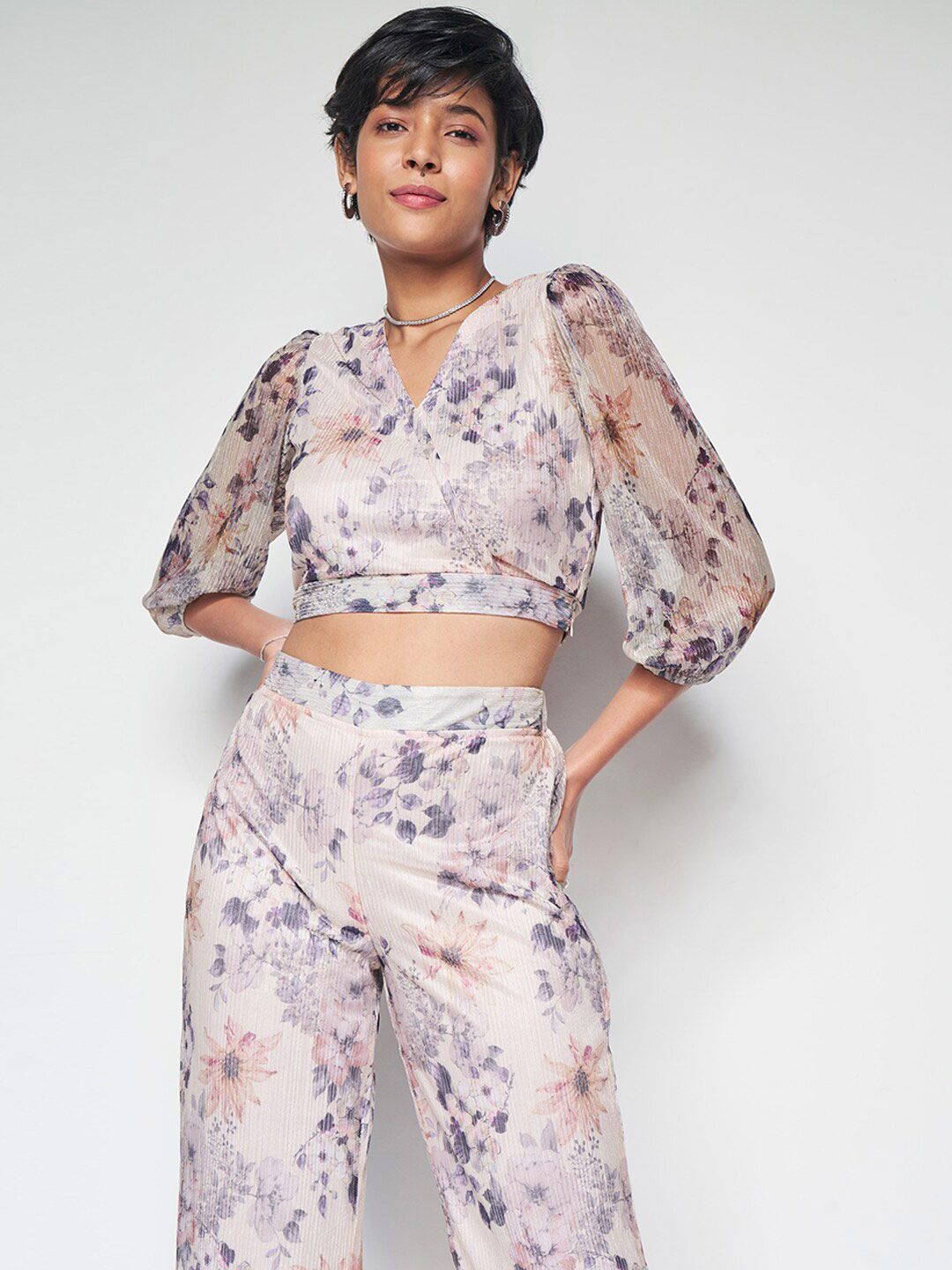 AND Floral Printed V-Neck Top with Trousers