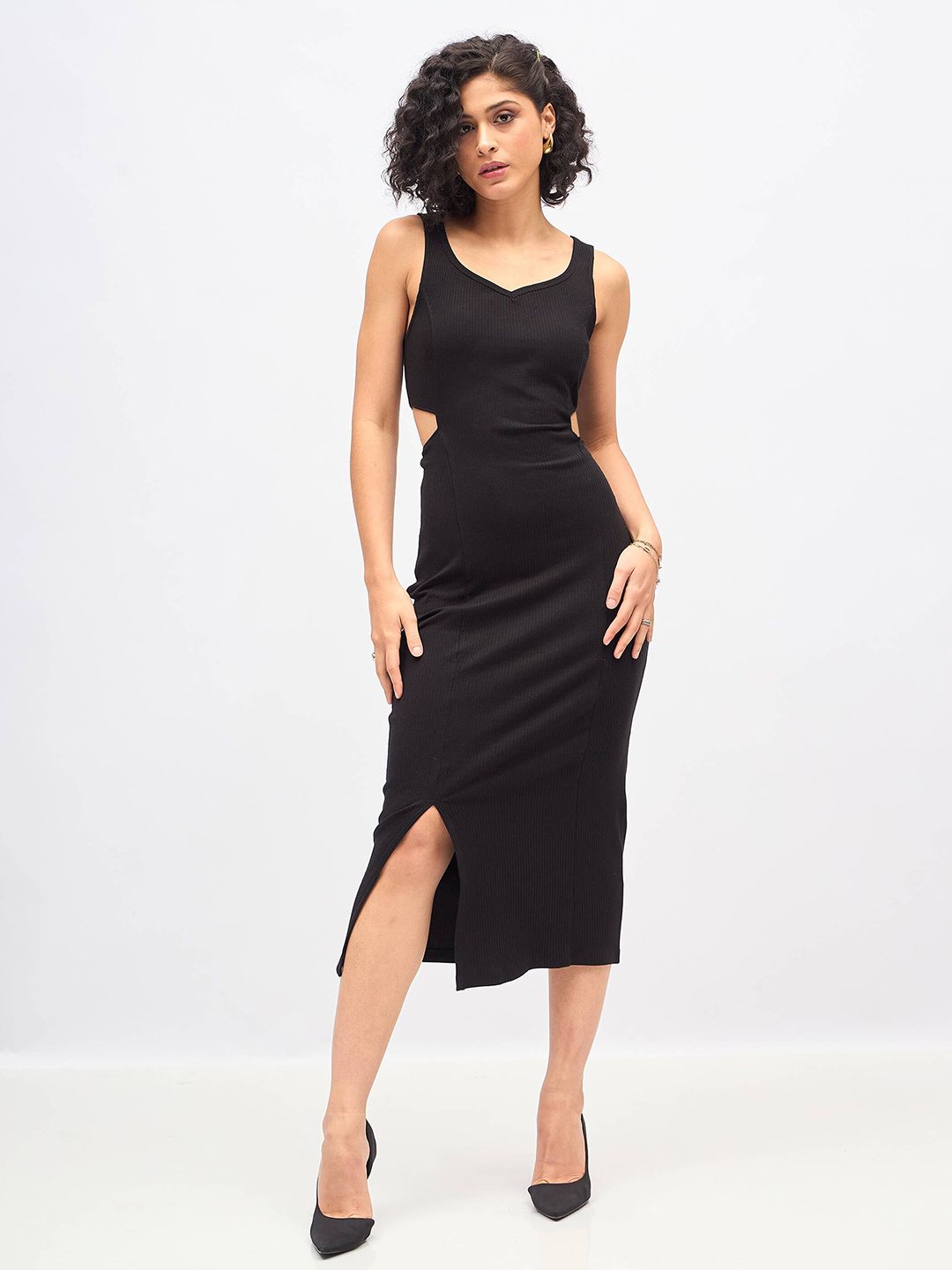 SASSAFRAS Black Cut-Out Midi Sheath Dress