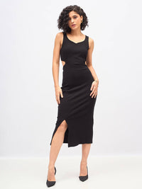 SASSAFRAS Black Cut-Out Midi Sheath Dress