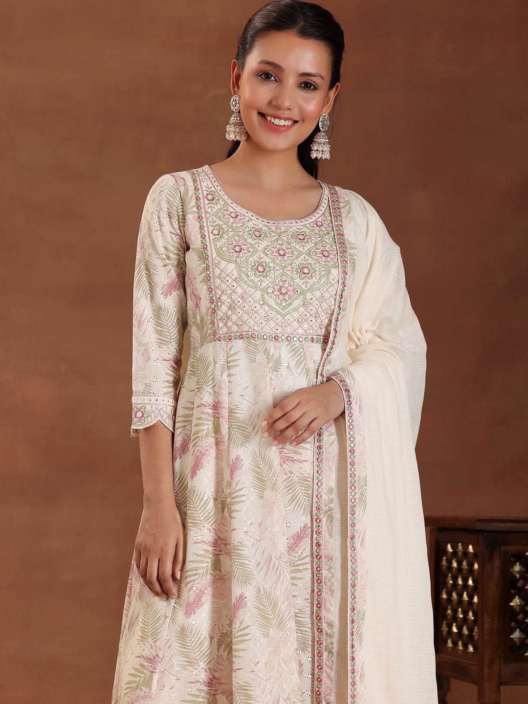 Libas Floral Printed Panelled Thread Work Pure Cotton Kurta with Trousers & With Dupatta
