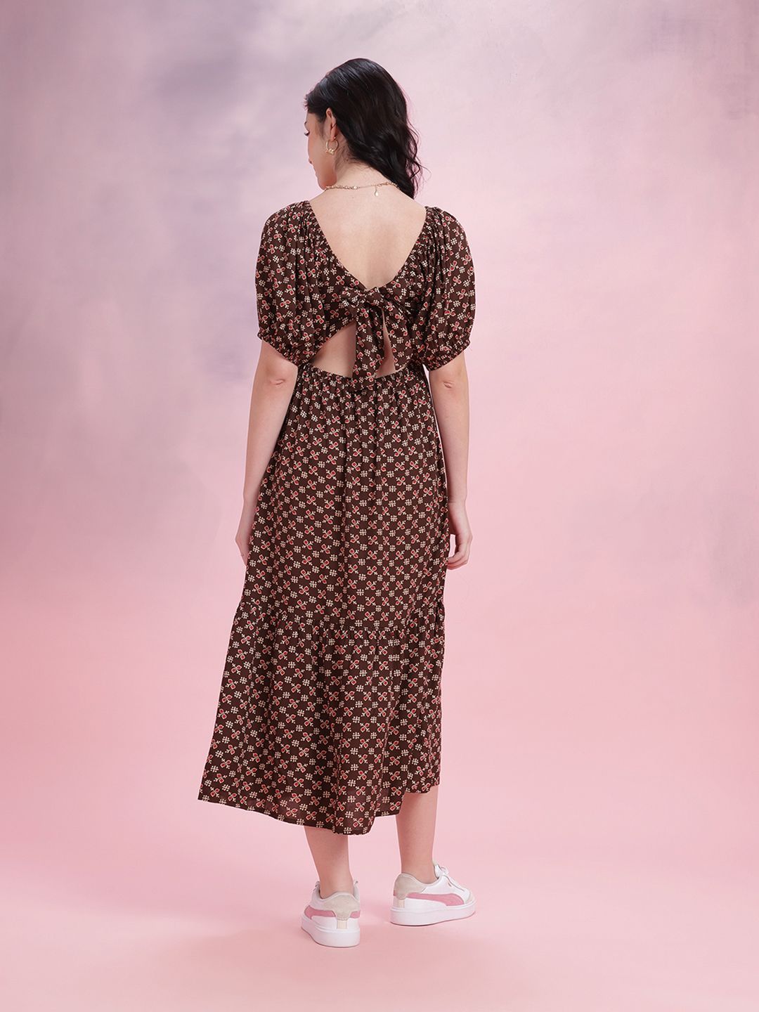 DressBerry Ethnic Print Cut-Out Back A-Line Midi Dress