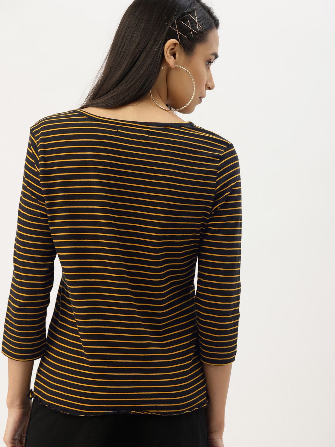 DressBerry Black & Mustard Yellow Striped Pure Cotton Top