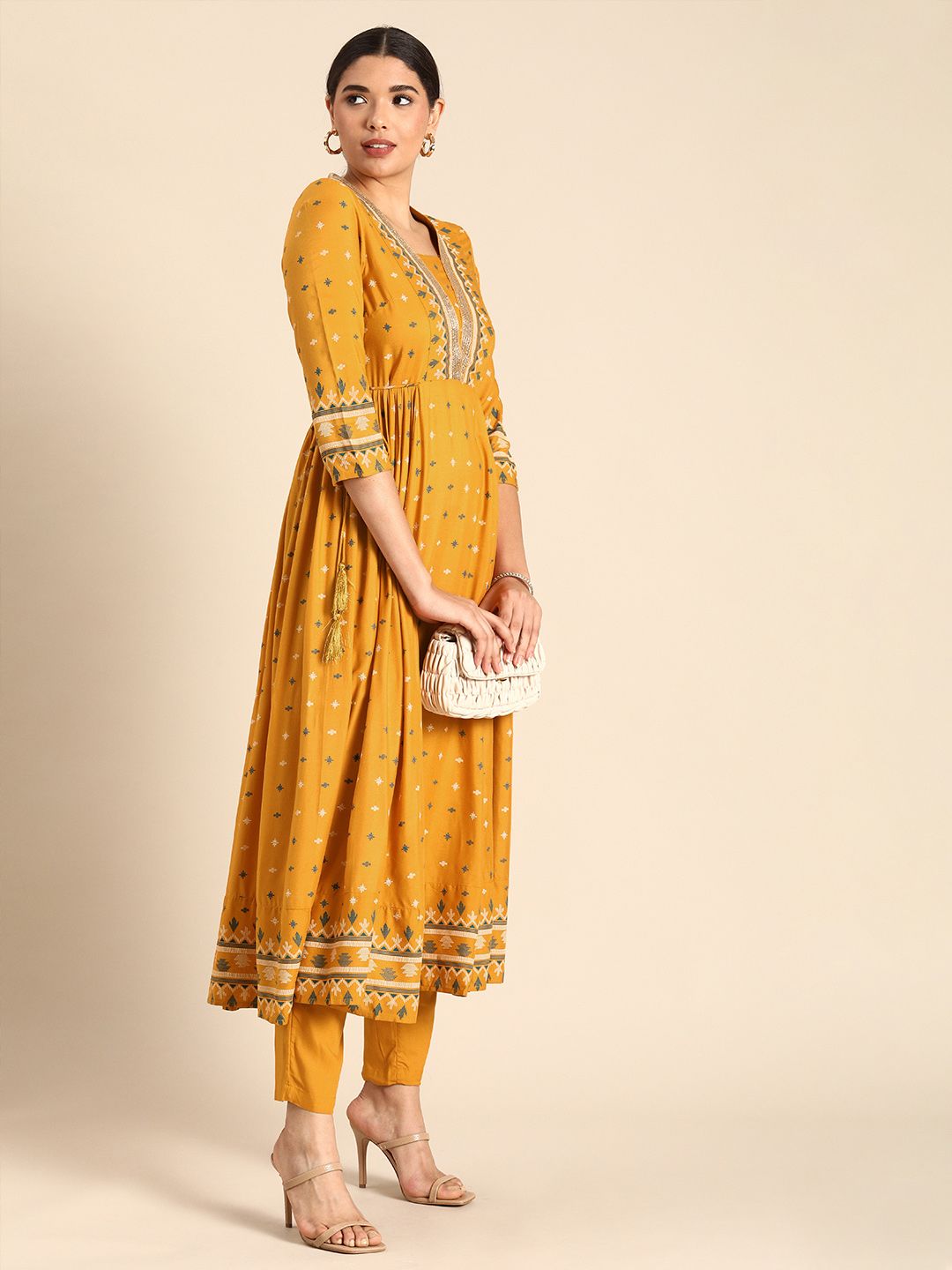 Anouk Women Mustard Yellow & Green Printed Pleated Kurta with Trousers