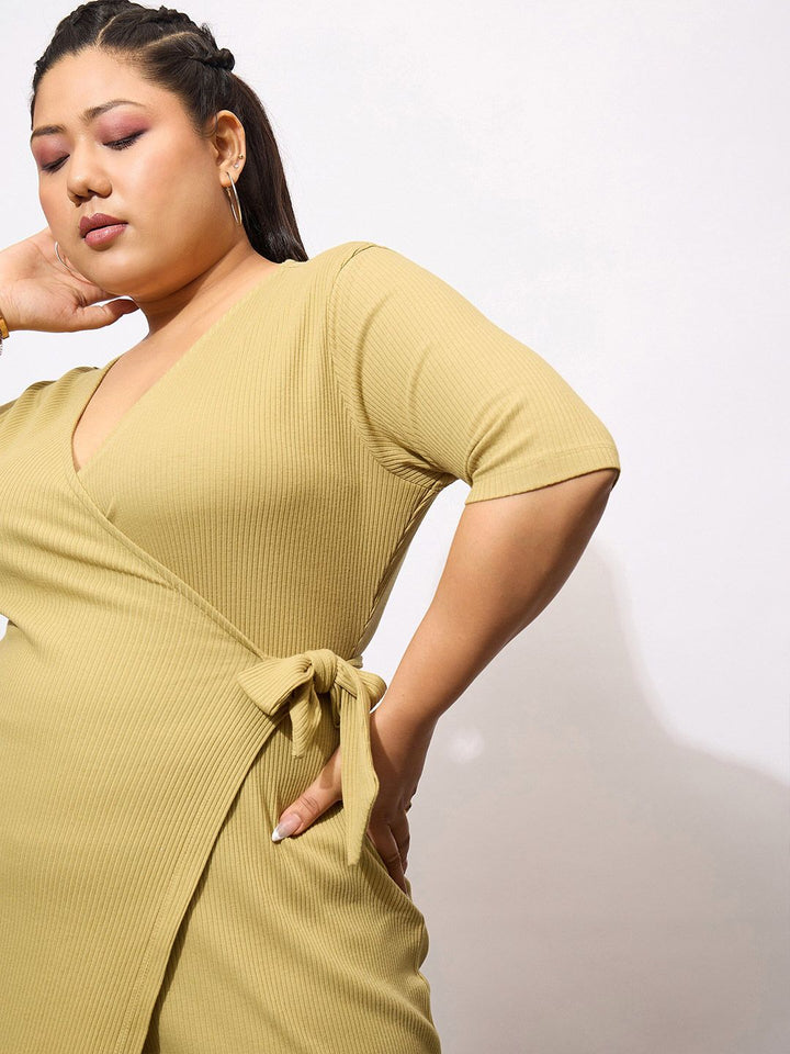 SASSAFRAS Curve Plus Size V-Neck Tie-Ups Detail Wrap Midi Dress