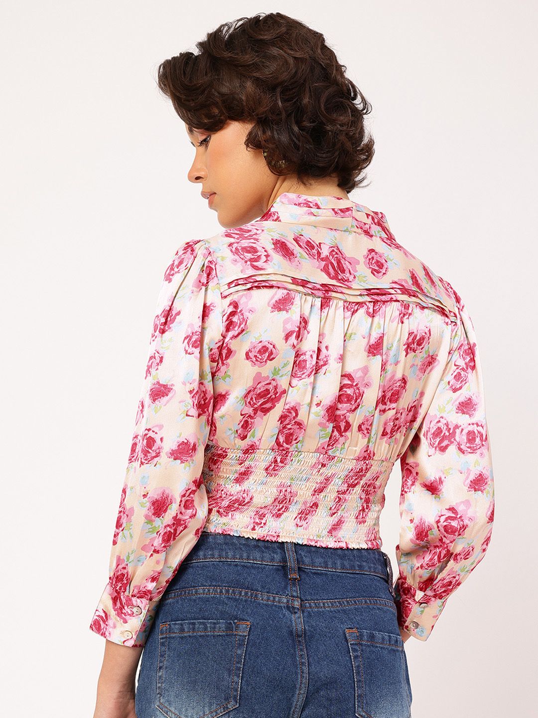 DressBerry Romantic Roses Satin Smocked Crop Top