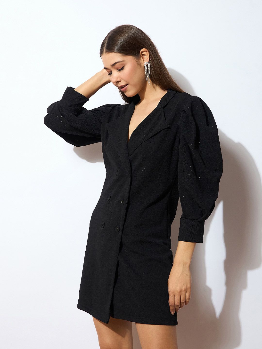 SASSAFRAS Black Self Design V-Neck Puff Sleeves Sheath Dress