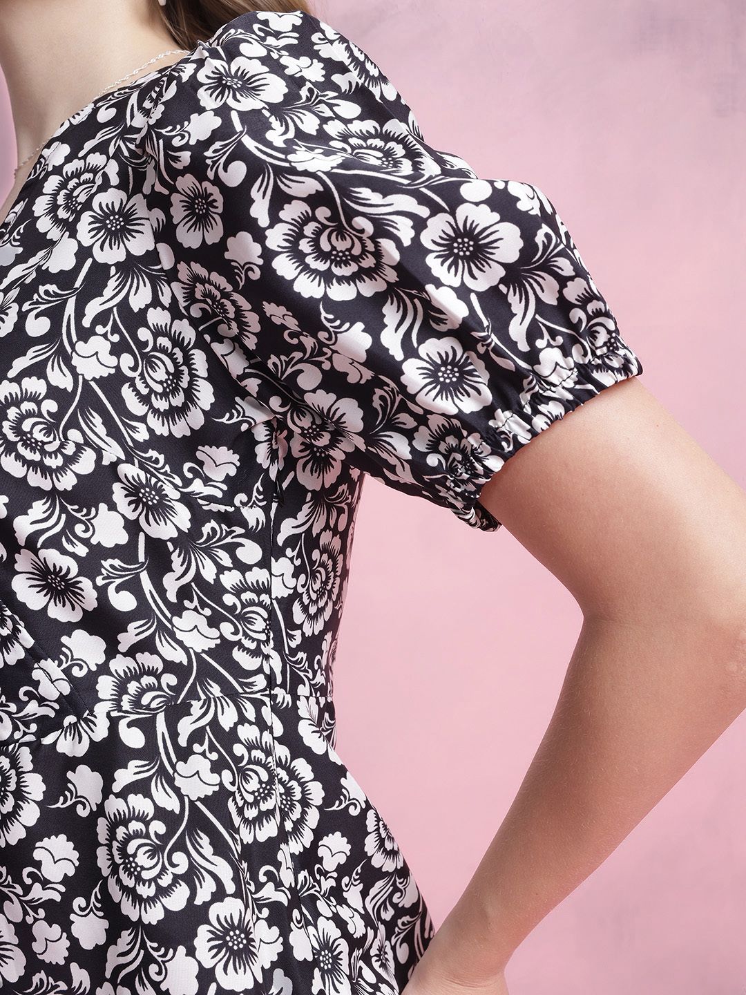 DressBerry Floral Print Puff Sleeve A-Line Dress