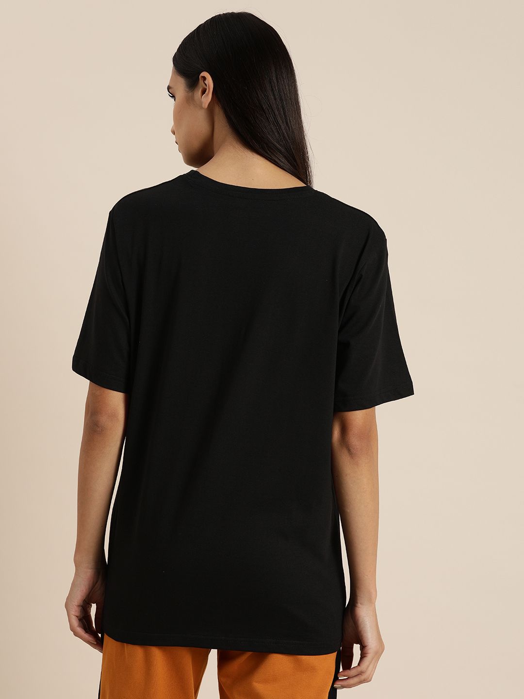 DILLINGER Women Black  Yellow  Printed Round Neck Oversized Pure Cotton T-shirt