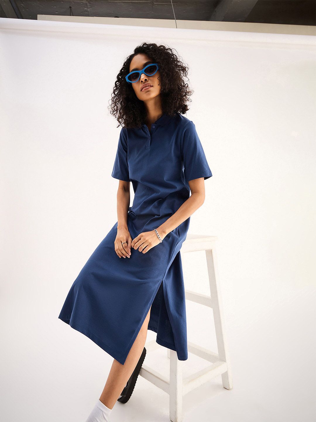 SASSAFRAS BASICS Polo Collar Short Sleeves Oversized Tshirt Midi Dress