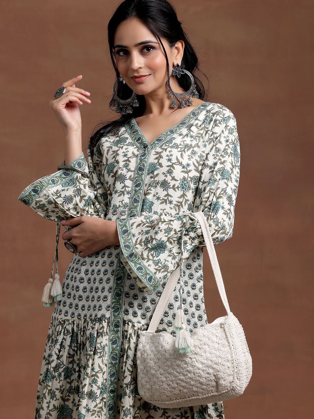 Libas Floral Printed V-Neck Bell Sleeves Cotton A-Line Ethnic Dress