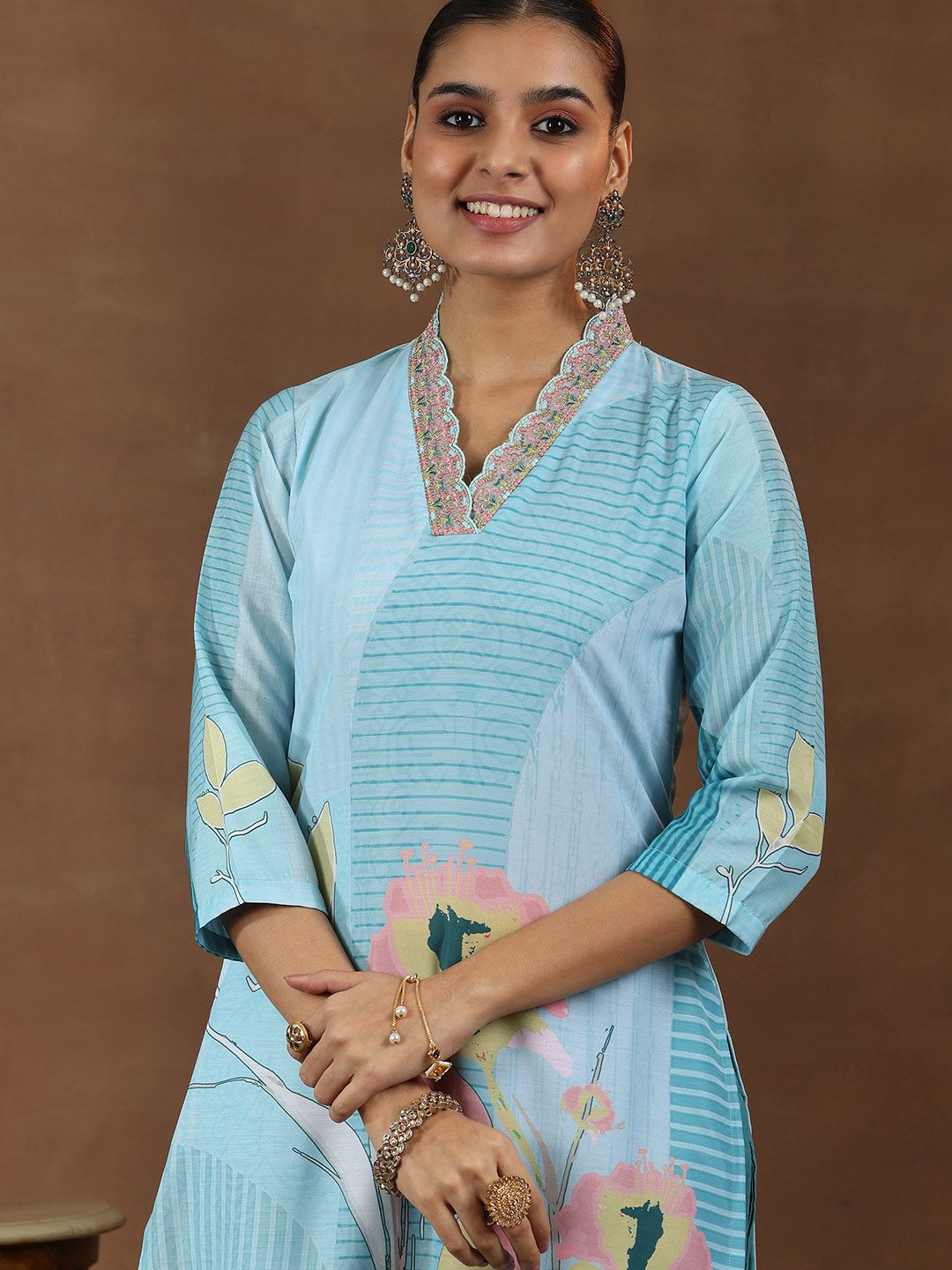 Libas Floral Printed Zari V-Neck Straight Kurta With Trouser & Dupatta