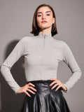 SASSAFRAS Ribbed High Neck Front Zipper Fitted Top