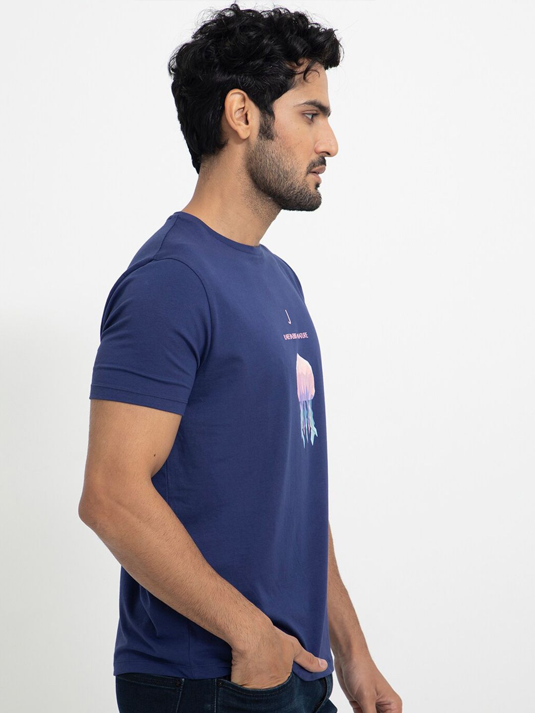 RARE RABBIT Men Cubana Graphic Printed Slim Fit Cotton T-Shirt