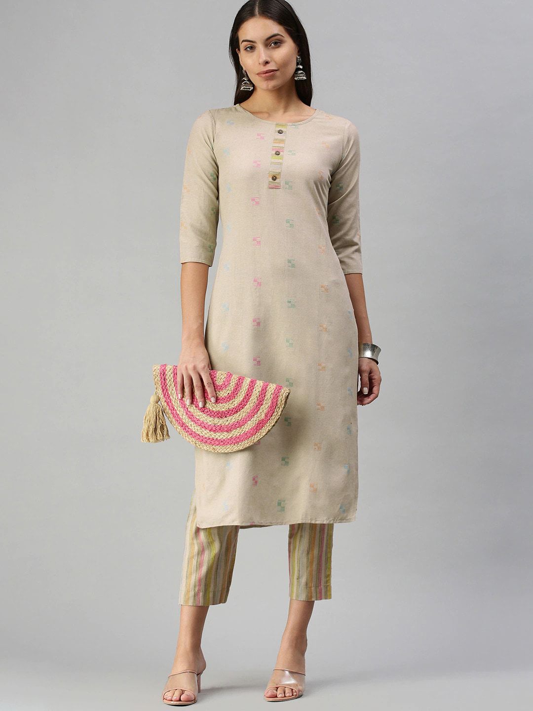 KALINI Geometric Woven Design Mandarin Collar Kurta with Trousers