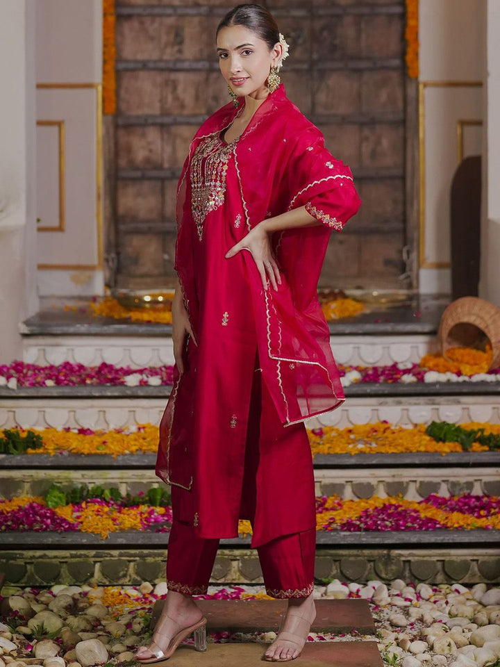 Indo Era Embroidered Sequinned Straight Kurta With Trousers & Dupatta