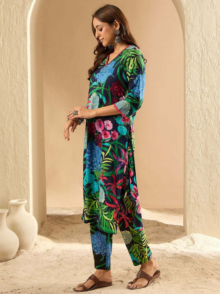 Indo Era Women Floral Printed Regular Pure Cotton Kurta with Trousers
